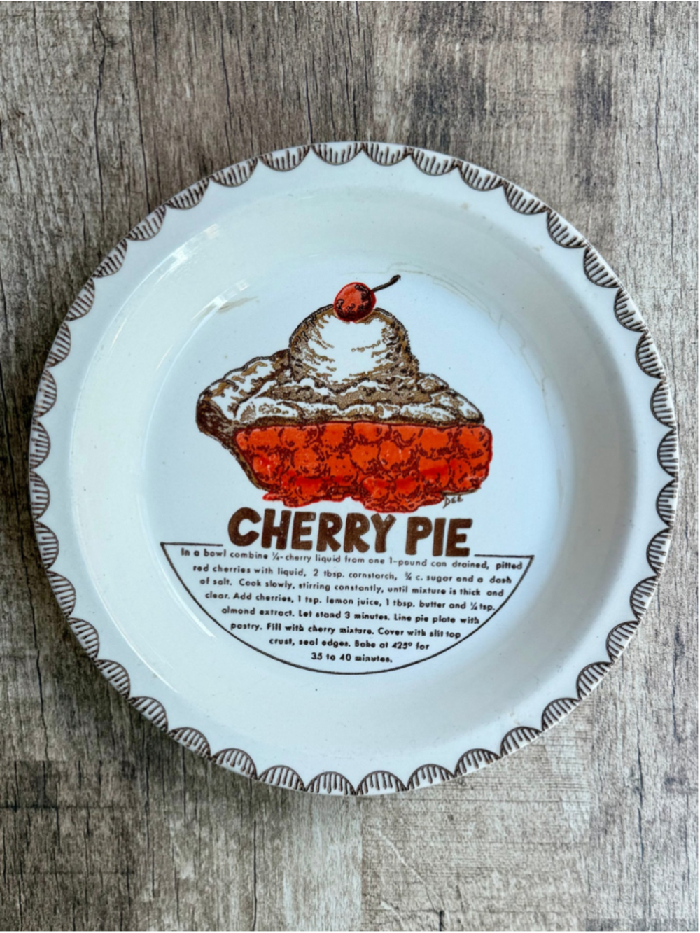 Vintage Ceramic Cherry Pie Recipe Baking Plate Dish 10 Inch